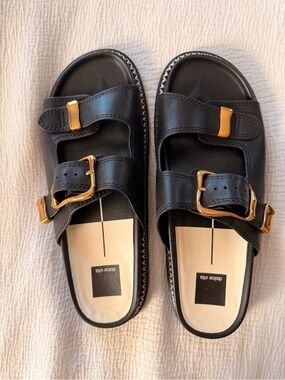 Dolce Vita Black Leather Double-Buckle Slide Sandals with Gold Hardware